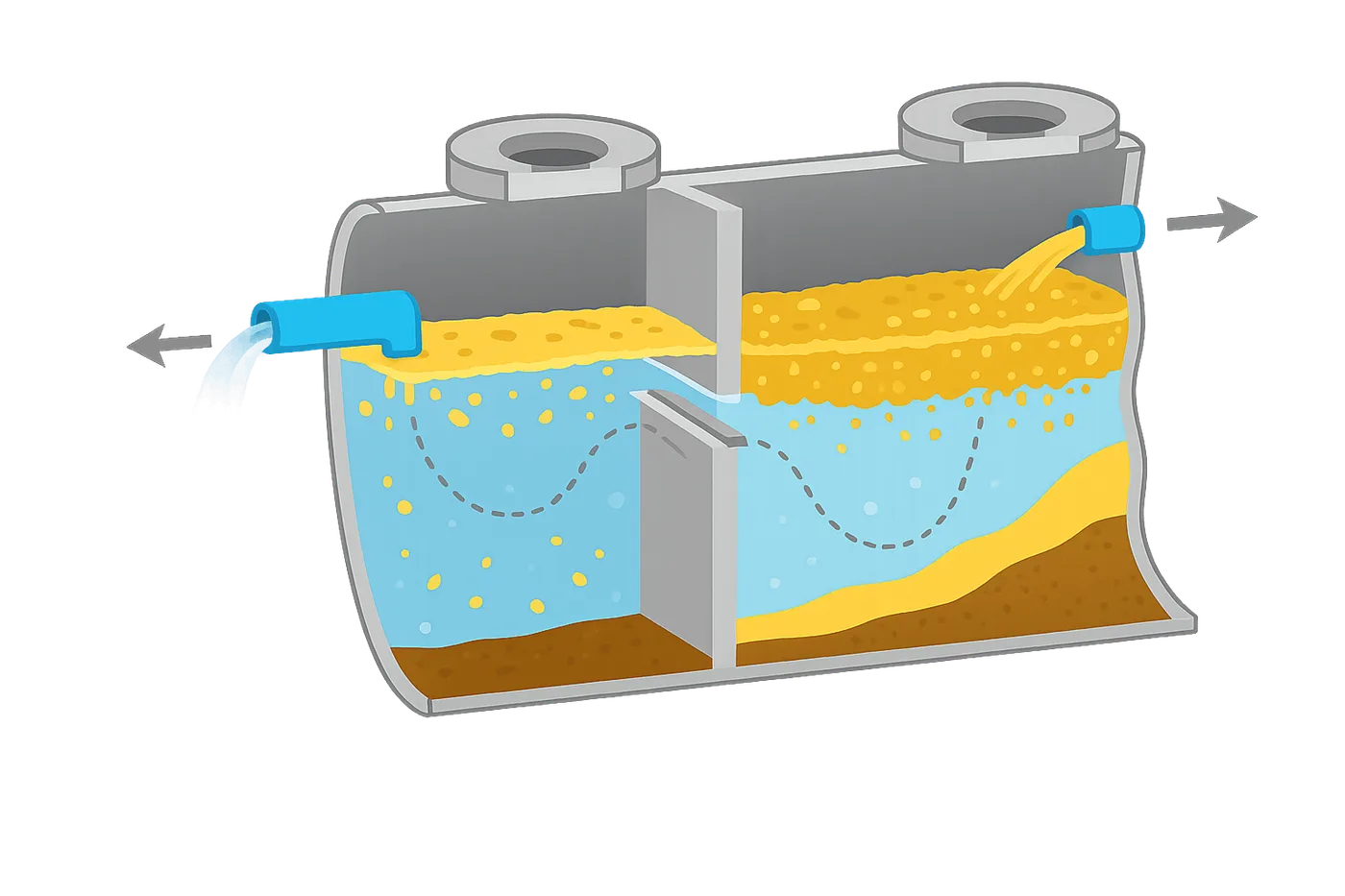Doorsnede van een vetafscheider: vetlaag drijft boven, schoon water stroomt af